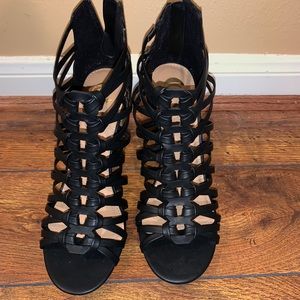 Black strappy chunky heels